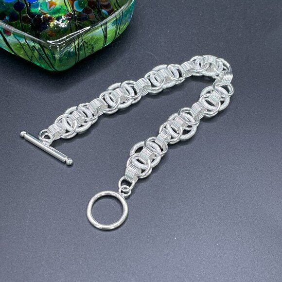 Sterling Silver 925 Double Loop Textured Chain Bracelet #1354B - Picture 7 of 8